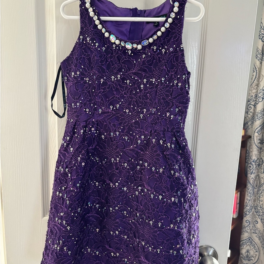 My Michelle Purple Lace Kids Dress with Beaded Collar